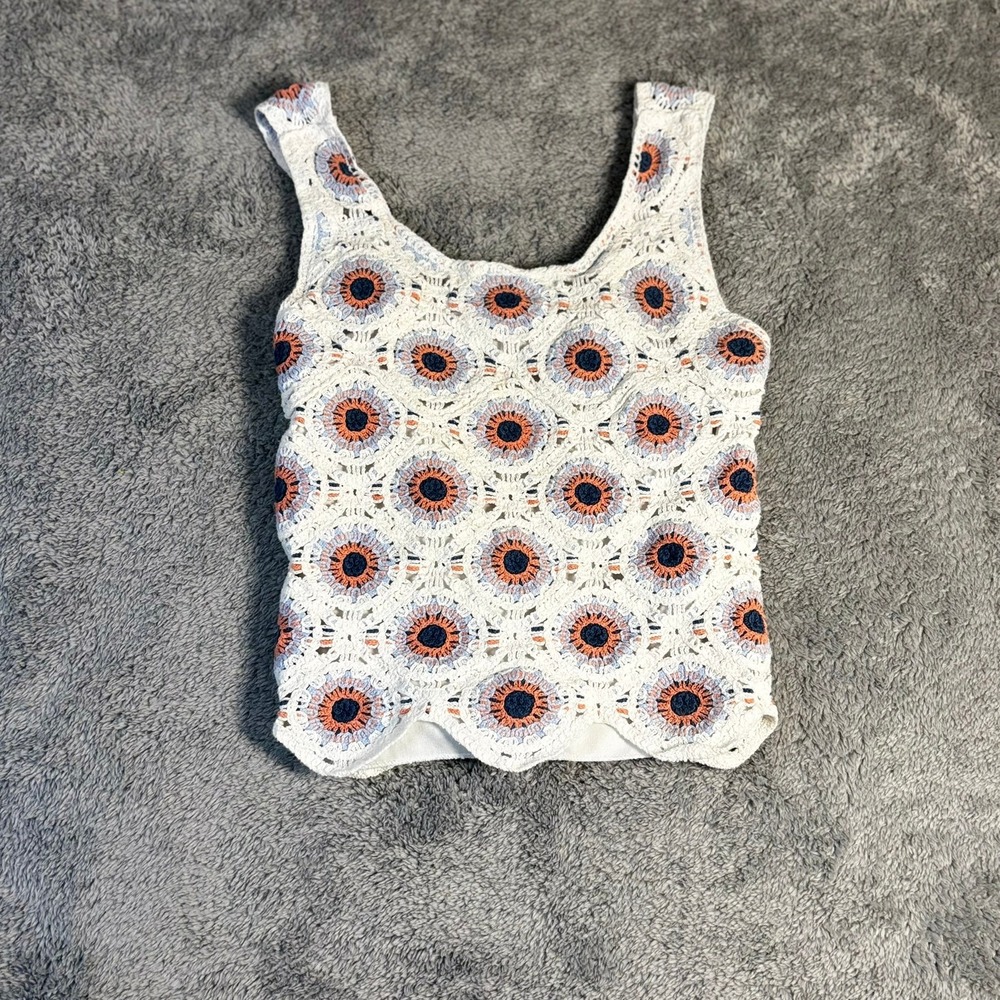 Knit Works Girls XL 16 Crochet Medallion Tank Top Boho Floral Smocked Back White